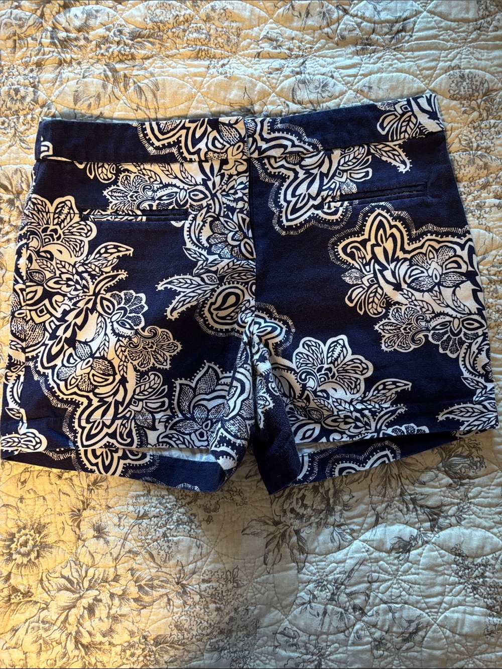 Willi Smith Navy Blue and White Floral Print Jean Shorts